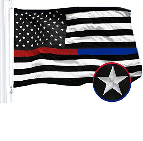 Product Cover G128 - Thin Blue Line Police & Thin Red Line Firefighter Embroidered 3X5ft U.S. American Flag Brass Grommets Respect Honoring Law Enforcement Officers First Responder USA Flag