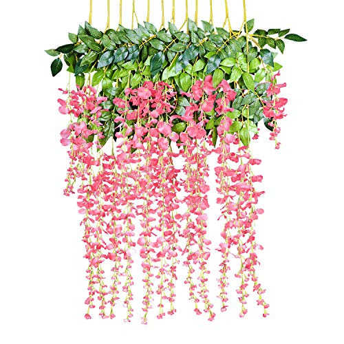 Product Cover 12 Pack 1 Piece 3.6 Feet Artificial Fake Wisteria Vine Ratta Hanging Garland Silk Flowers String Home Party Wedding Decor (Pink)