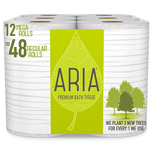 Product Cover Aria Premium, Earth Friendly Toilet Paper, 12 Mega Rolls, 12 = 48 Regular Rolls, Eco Friendly Bath Tissue