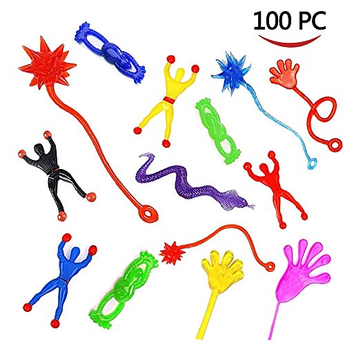 Product Cover AMGLOBAL 100 Pieces Assorted Stretchy Sticky Toy, Includes 20 Sticky Hands, 20 Sticky Snakes, 20 Sticky Hammers, 20 Sticky Frogs and 20 Wall Climb Men for Kids for Fun