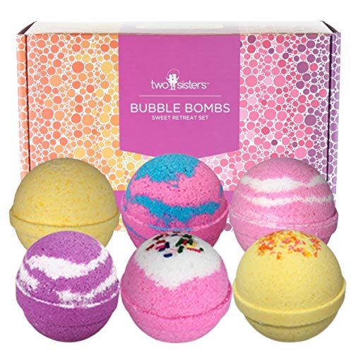 Product Cover Sweet Retreat Birthday Bubble Bath Bombs Gift Set by Two Sisters Spa. 6 Large 99% Natural Fizzies For Women, Teens and Kids. Moisturizes Dry Sensitive Skin. Releases Lush Color, Scent, and Bubbles.
