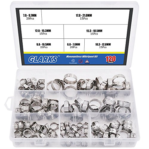 Product Cover Glarks 120Pcs 7-21mm 304 Stainless Steel Single Ear stepless Hose Clamps Assortment Kit