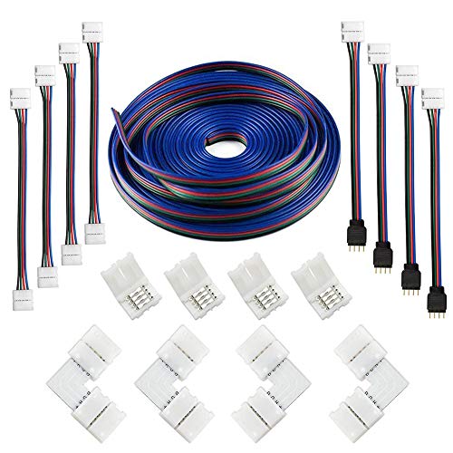 Product Cover 16.4 FT 5050 4Pin RGB LED Strip Extension Cable Connector Kit Include 4X Strip to Adapter,4X Strip to Strip Jumpers,4X L-Shape Connectors, 4X Gapless Connectors
