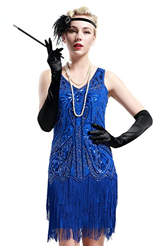 Product Cover BABEYOND Women's Flapper Dresses 1920s V Neck Beaded Fringed Great Gatsby Dress (Small, Blue)