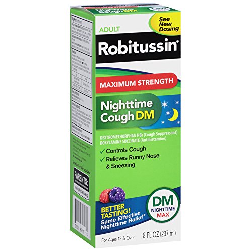 Product Cover Robitussin Adult Maximum Strength Nighttime Cough DM Max (8 Fl Oz Bottle), Cough Suppressant & Antihistamine, Blue Raspberry Flavor