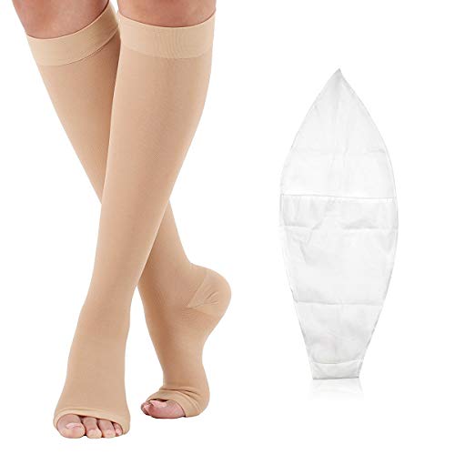 Product Cover Compression Socks Open Toe 20-30 mmHg for Women Men Knee High Compression Stockings for Varicose Veins, Edema & Post Surgical with Free Auxiliary Wear Socks Sleeve L