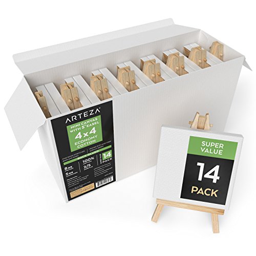 Product Cover ARTEZA Mini Stretched 100% Cotton White Blank Canvas with Easel, 4x4 Inches, Primed Canvases for Painting, Acrylic Pouring, Oil Paint & Wet Art Media, Pack of 14