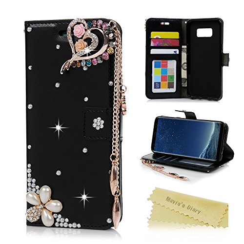 Product Cover Galaxy S8 Case, Wallet Case [Folio Style][Stand Feature] Card Case Premium Protective PU Leather Flip Cover 3D Handmade Bling Diamonds Embossed Floral Butterflies Hand Strap by Mavis's Diary (Black)