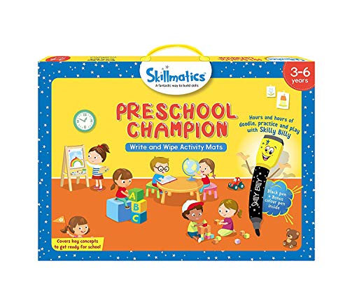 Product Cover Skillmatics Educational Game: Preschool Champion (3-6 Years) | Erasable and Reusable Activity Mats with 2 Dry Erase Markers | Learning Tools for Boys and Girls 3, 4, 5, 6 Years