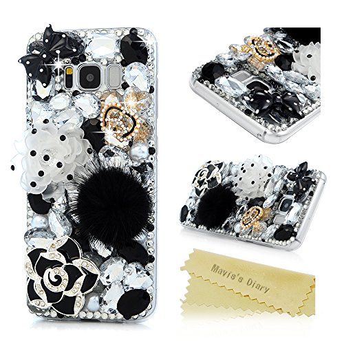 Product Cover Mavis's Diary Case for Samsung Galaxy S8, 3D Handmade Bling Diamonds Black and White Camellia Bow Gold Crown Hairball Shiny Rhinestone Crystal Clear Full Body Protection Hard PC Cover