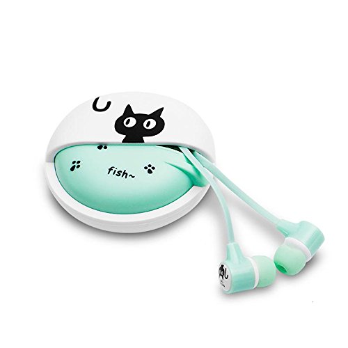 Product Cover QearFun Stereo 3.5mm in Ear Cat Earphones Earbuds Microphone Earphone Storage Case Smartphone MP3 iPod PC Music (Green)