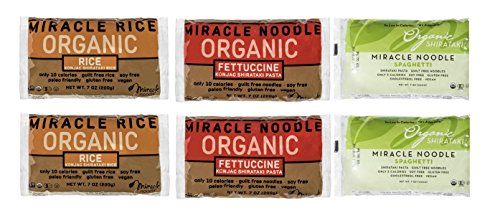 Product Cover Miracle Noodle Organic Shiritaki Konjac Pasta Rice Variety Pack, 7 oz (Pack of 6), Spaghetti, Fettuccine, Rice, Low Carbs, Low Calorie, Gluten Free, Soy Free, Keto Friendly (Packaging May Vary)