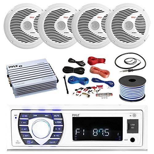 Product Cover Pyle 16-25' Bay Boat Bluetooth Marine Stereo Receiver, 4 x 150W 6.5'' Marine Speakers (White), 4 Channel Waterproof Amplifier, Amp Install Kit, 18 Gauge 50 FT Speaker Wire, Antenna