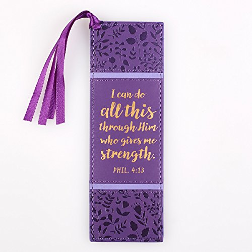 Product Cover Christian Art Gifts Purple Faux Leather Bookmark | I Can Do All Things - Philippians 4:13 Bible Verse Inspirational Bookmark for Men and Women w/Satin Ribbon Tassel