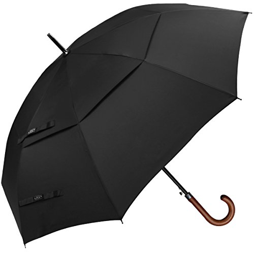 Product Cover G4Free Wooden J Handle Classic Golf Umbrella Windproof Auto Open 52 inch Large Oversized Double Canopy Vented Rainproof Cane Stick Umbrellas for Men Women (Black)