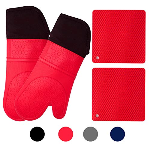 Product Cover Homwe Silicone Oven Mitts and Potholders (4-Piece Set) Heavy Duty Cooking Gloves, Kitchen Counter Safe Trivet Mats | Advanced Heat Resistance, Non-Slip Textured Grip (Pot Holder&Oven Mitts, Red)