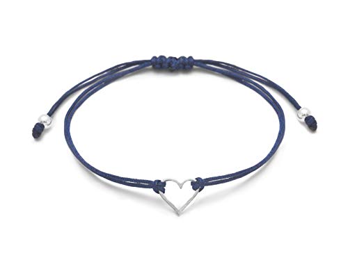 Product Cover Claudia Lira Joyas Blue Denim Womens Friendship Bracelet, Small Handmade Sterling Silver 925 Open Heart Shaped Charm, Pull Adjustable Kindred Cord Thread. Heart Gift Set
