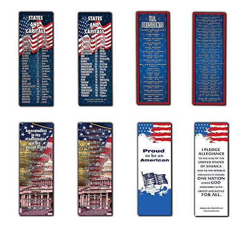 Product Cover Indepedence Day Patriotic Bookmarks Cards (60-Pack)- States Capitals - US Presidents Updated - Proud to be an American - Pledge of Allegiance - Constitution Amendments - Page Markers 4th of July Gifts