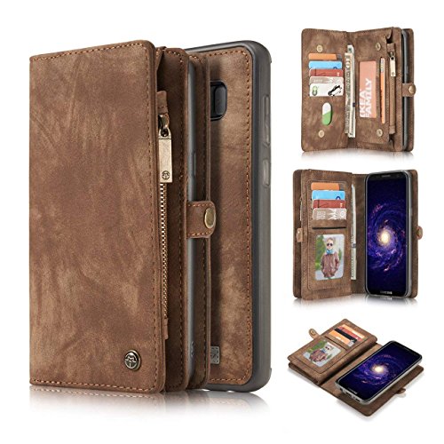 Product Cover KONKY Caseme Samsung Galaxy S8 Wallet Case, Magnetic Detachable Removable Phone Cover Pouch Folio Durable Leather Purse Flip Card Pockets Holder Bag Smooth Zipper - Brown