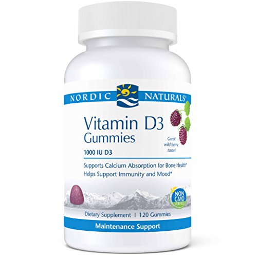 Product Cover Nordic Naturals Vitamin D3 Gummies, 1000 IU Vitamin D3 Cholecalciferol, Supports Calcium Absorption for Bone Health, Mood, and Immune Health*, Wild Berry Flavor, 120 Gummies