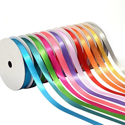 Product Cover BakeBaking GHRD Satin Ribbons, 12 Rainbow Assortment Rolls Variety Pack for Gifts Wrap Craft Fabric Wedding Decorations, Fashion Collection Glow, Assorted Solid Bright Colors