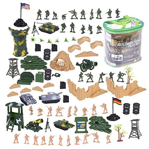 Product Cover 100 Piece Military Figures and Accessories - Toy Army Soldiers in 2 Colors, War Soldiers Playset with 2 Flags and Battlefield Accessories
