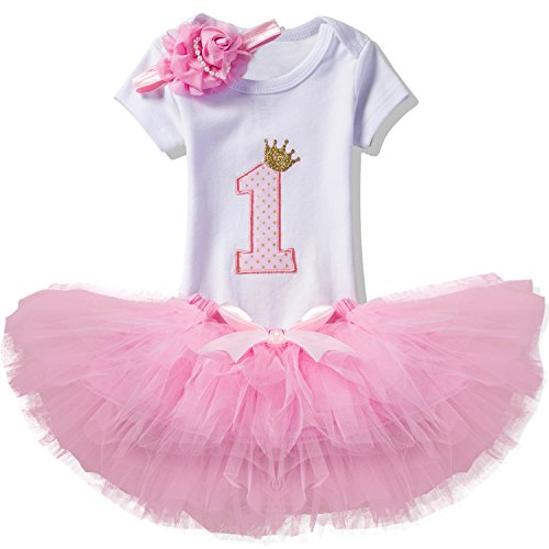 Product Cover NNJXD Girl Newborn Crown Tutu 1st Birthday 3 Pcs Outfits Romper+Dress+ Headband Size (1) 1 Year Pink