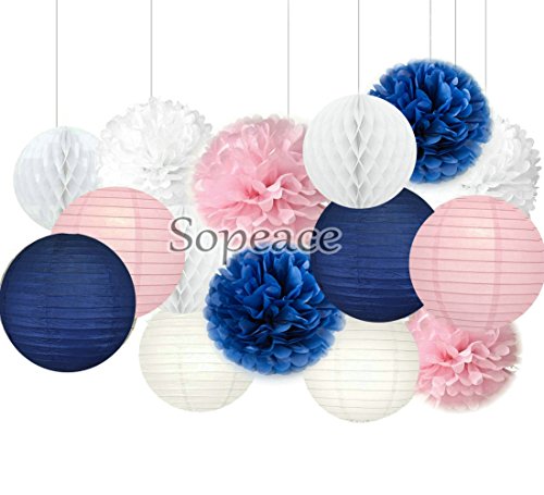 Product Cover Sopeace White Navy Blue Pink 8inch 10inch Tissue Paper Pom Pom Paper Flowers Paper Honeycomb Paper Lanterns for Navy Blue Themed Party,Party Decoration Bridal Shower Decor Baby Shower Decoration