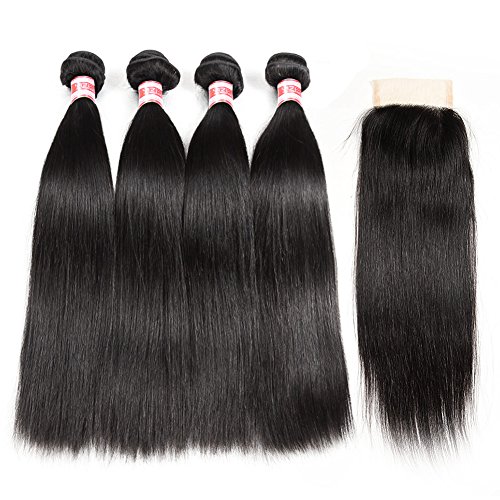 Product Cover Hermosa Brazilian Straight Hair 4 Bundles with Closure 9A Unprocessed Mink Straight Virgin Human Hair Bundles with Closure Free Part (14 16 18 20+12)