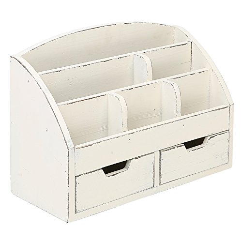 Product Cover MyGift Vintage White Wood Desk Organizer / 6 Compartment, 2 Drawer Office Supplies Cabinet