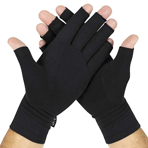 Product Cover Vive Rheumatoid Arthritis Gloves - Men and Women Fingerless Compression Wrap for Hand Pain and Osteoarthritis - Black Hand Wrap for Arthritic Joint Symptom Relief - Open Finger Fit