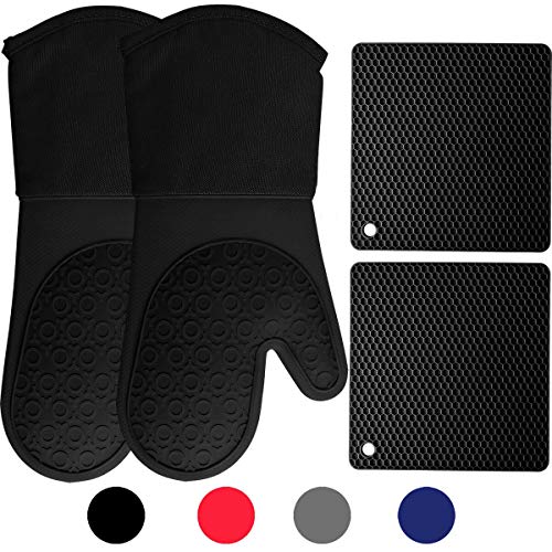 Product Cover Homwe Silicone Oven Mitts and Potholders (4-Piece Sets), Kitchen Counter Safe Trivet Mats | Advanced Heat Resistant Oven Mitt, Non-Slip Textured Grip Pot Holders(Black)