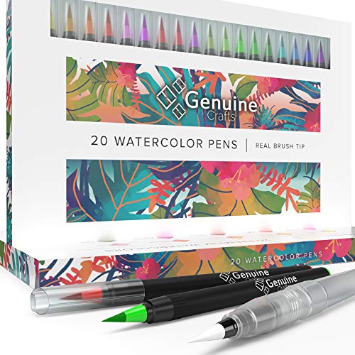 Product Cover Watercolor Brush Pens by Genuine Crafts - Set of 20 Premium Colors - Real Brush Tips - 1 Refillable Water Pen - No Mess Storage Case - Washable Nontoxic Markers - Portable Painting