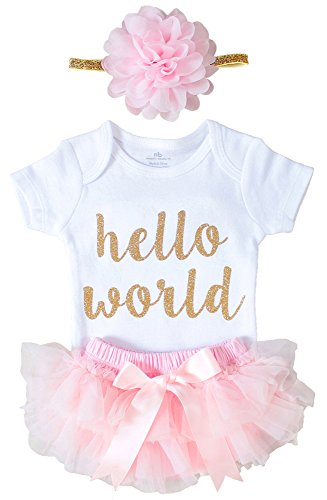 Product Cover Newborn Baby Girl Coming Home Outfit Hello World Bodysuits 3pcs (Newborn) Pink