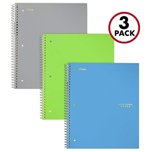 Product Cover Five Star Spiral Notebooks, 3 Subject, College Ruled Paper, 150 Sheets, 11 inches x 8-1/2 inches, Gray, Lime, Teal, 3 Pack (73481)