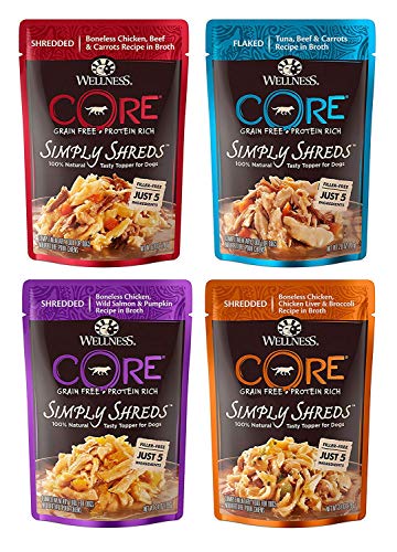 Product Cover Wellness CORE Simply Shreds Natural Grain Free Wet Dog Food Toppers Variety Pack, 4 Flavors, 2.8 ounce Each (12 Total Pouches)