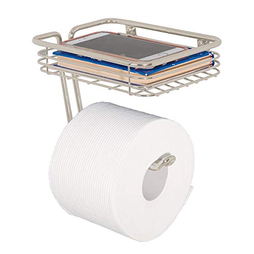 Product Cover mDesign Toilet Tissue Paper Holder and Multi-Purpose Shelf - Wall Mount Storage Organizer for Bathroom, Holds 1 Mega Rolls - Durable Metal Wire Design - Satin
