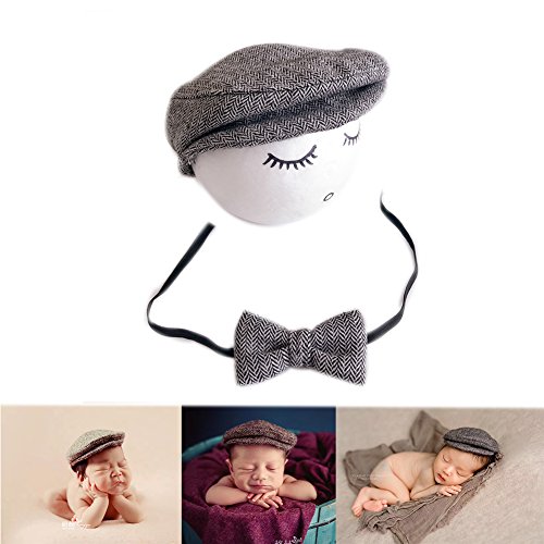 Product Cover Binlunnu Newborn Baby Photography Photo Props Boy Girl Costume Outfits Hat Tie Set (Light Grey)