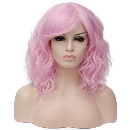 Product Cover Alacos Fashion 35cm Short Curly Bob Anime Cosplay Wig Daily Party Christmas Halloween Synthetic Heat Resistant Wig for Women +Free Wig Cap (Pink-Purple Side Parting)