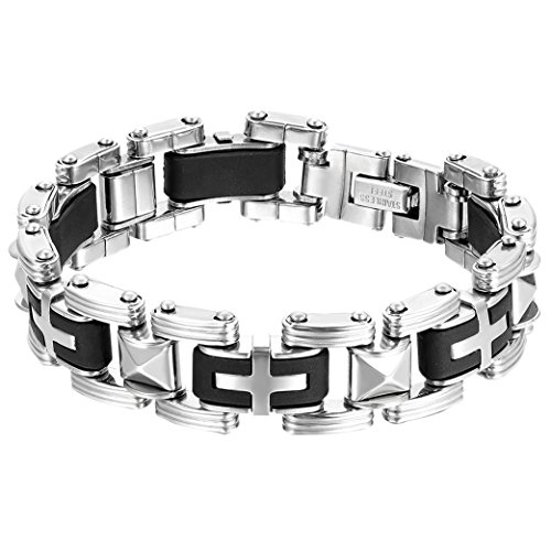 Product Cover OIDEA Mens Stainless Steel and Rubber Gothic Religious Cross Biker Bracelet,Silver and Black,8.5 Inch