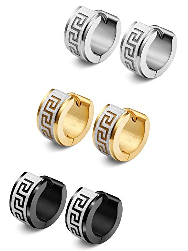 Product Cover Jstyle Jewelry Stainless Steel Hoop Earrings for Men Women Huggie Earrings Unique Greek Key 3 Pairs S