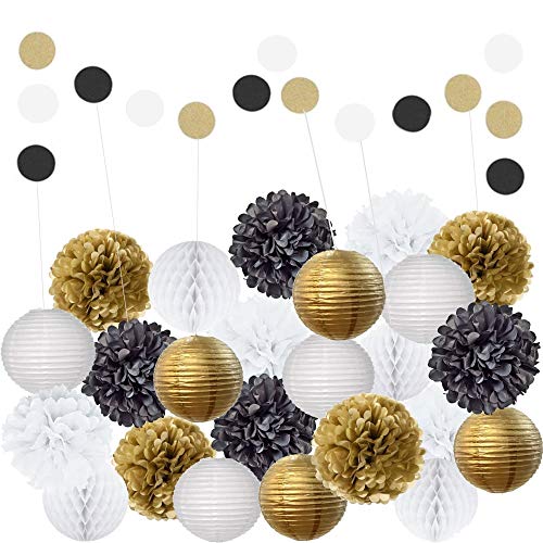 Product Cover EpiqueOne 22 Piece Black Gold White Table & Wall Party Decorations Kit | Hanging Tissue Paper Pom Poms, Lanterns, Balls | Birthday Celebrations, Wedding, Graduation Decor