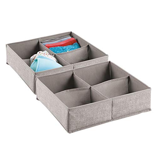 Product Cover mDesign Soft Fabric Dresser Drawer and Closet Storage Organizer Bin for Lingerie, Bras, Socks, Leggings, Clothes, Purses, Scarves - Divided 4 Section Tray - Textured Print, 2 Pack - Linen/Tan
