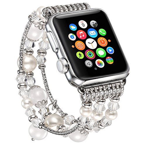 Product Cover fastgo Compatible for Apple Watch Band 42mm 44mm, Bling White Elastic Stretchy for Iwatch Bands 42mm Womens Girls Compatible for Apple Watch Dressy Band Bracelet(White-42mm 44mm)