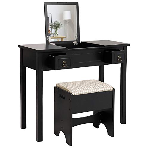 Product Cover VASAGLE Vanity Set with Flip Top Mirror Makeup Dressing Table Writing Desk with 2 Drawers Cushioned Stool 3 Removable Organizers Easy Assembly, Black