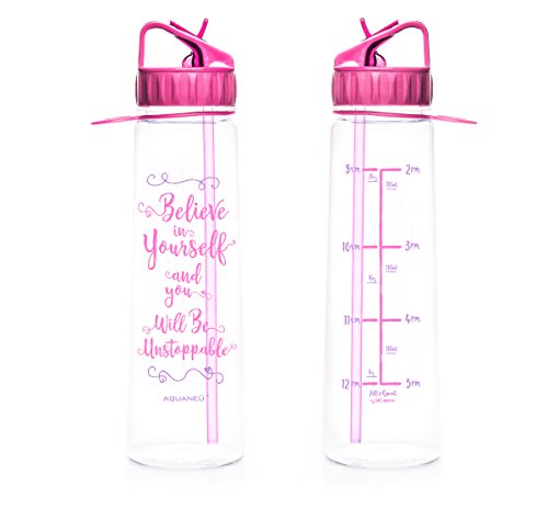 Product Cover AQUANEÜ 30oz Inspirational Fitness Workout Sports Water Bottle with Time Marker | Measurements | Goal Marked Times for Measuring Your H2O Intake, BPA Free Non-Toxic Tritan (Believe Fuschia)