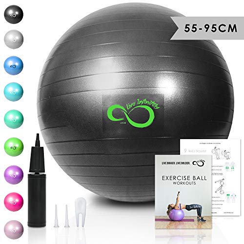 Product Cover Live Infinitely Exercise Ball (55cm-95cm) Extra Thick Professional Grade Balance & Stability Ball- Anti Burst Tested Supports 2200lbs- Includes Hand Pump & Workout Guide Access (Grey, 65 cm)