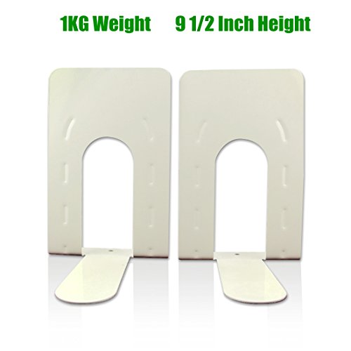 Product Cover 1KG Weight Heavy Duty 9 1/2-Inch Gauge Steel Large Vintage and Tall Bookends Holding Many Heavy Books Projects, 1 Pair White