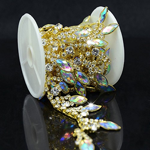 Product Cover De.De. 1 Yard AB Resin Crystal Applique Rhinestone Bridal Trim Fashion Chain Fringe Embellishment Gold