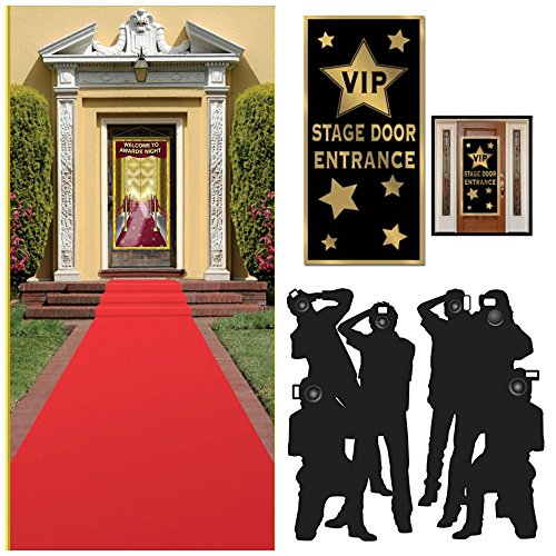 Product Cover Hollywood Red Carpet  Awards Ceremony  Party Theme Supplies and Decorating Kit of   3 Items - Red Runner, Paparazzi Props and VIP Entrance Door Cover